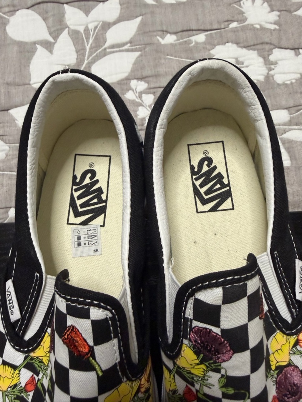 NEW. Vans Slip-On Sneakers with Checkerboard Floral Print - Black/White/Yellow - Picture 3 of 6